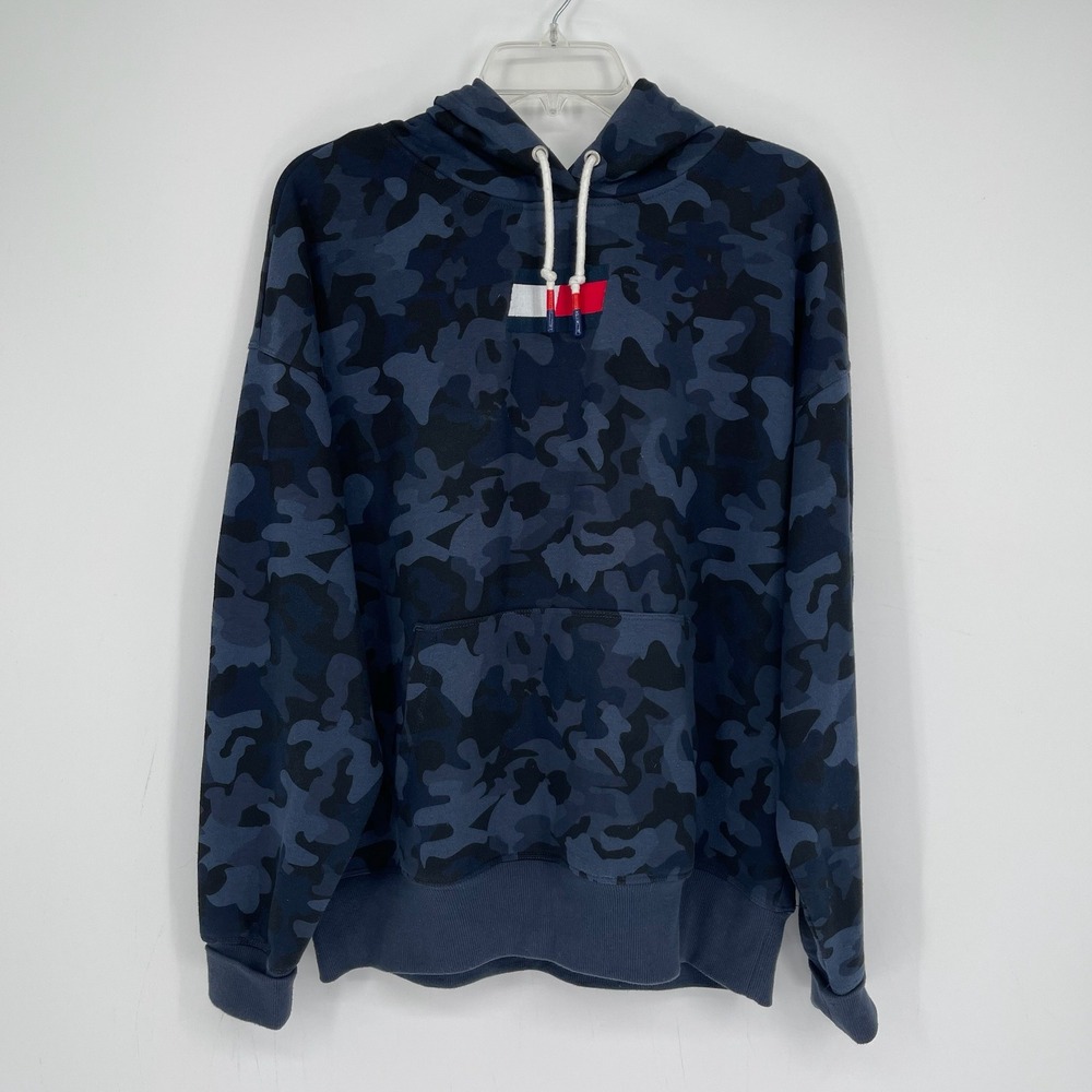 Tommy Hilfiger Women's Blue Camo Flag Logo Pullover Hoodie Sweatshirt Size S